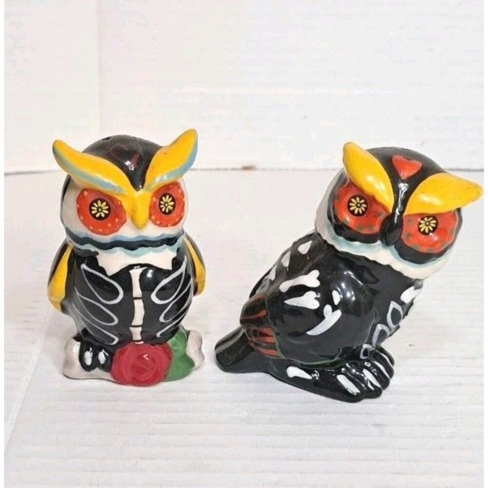 Sugar Skeleton Owl Salt & Pepper Shaker Set Cracker Barrel 3" Halloween Owls